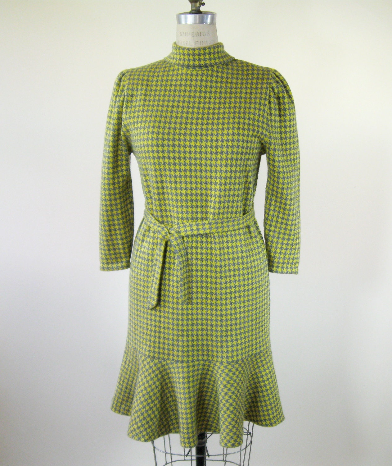 60s Houndstooth Dress Grey Gray Yellow Size Medium