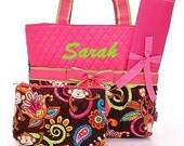Personalized Diaper Bag Quilted 3pc Hot Pink Brown Monkeys