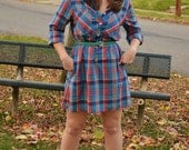 The Kasey Dress - Upcycled Vintage Colorful Blue Plaid Shirt Dress with Long Sleeves