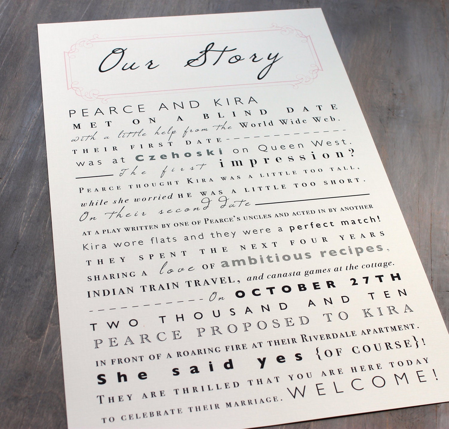 Our Story - Wedding Poster, Pink, Unique, Couples Story, Custom Wedding Poster, Sign, 11x17