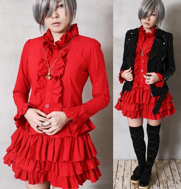 Aristocrat Gothic Dolly Lolita Punk EGL Cosplay Nana Tux Ruffle Shirt Dress Red