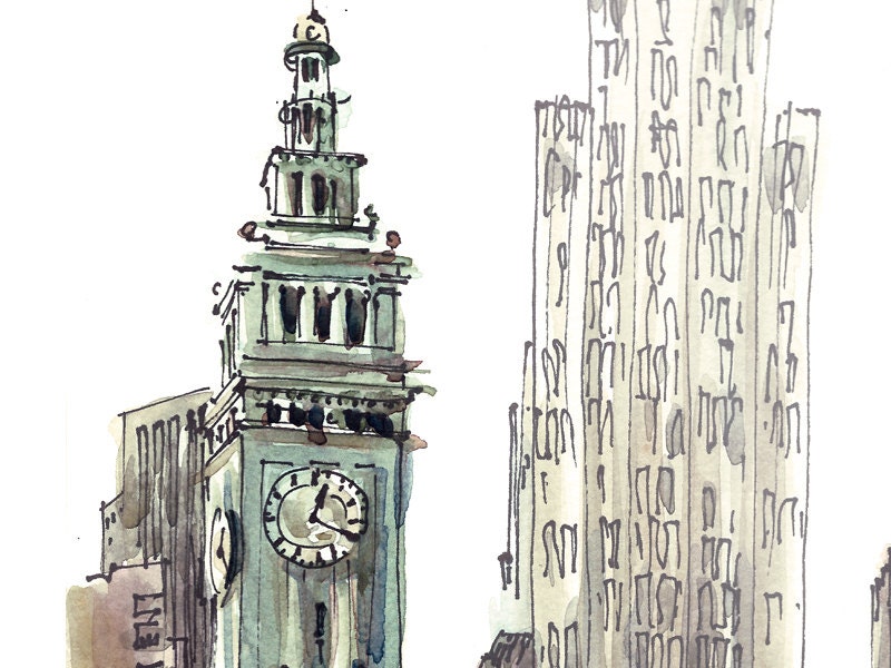 San Francisco Ferry Building, california print from an original watercolor sketch - 8x10 inches