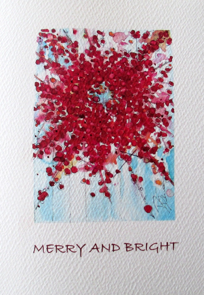 Holiday Greeting Cards, Set of Six Christmas Cards, Winterberry Wreath Watercolor Painting
