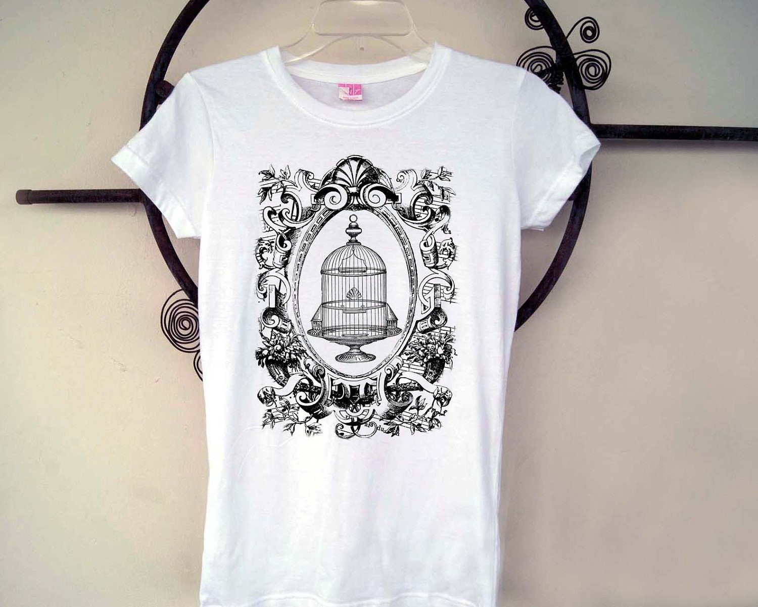 Womens Floral Bird Cage White Screen Printed Tee Shirt Cotton S M L