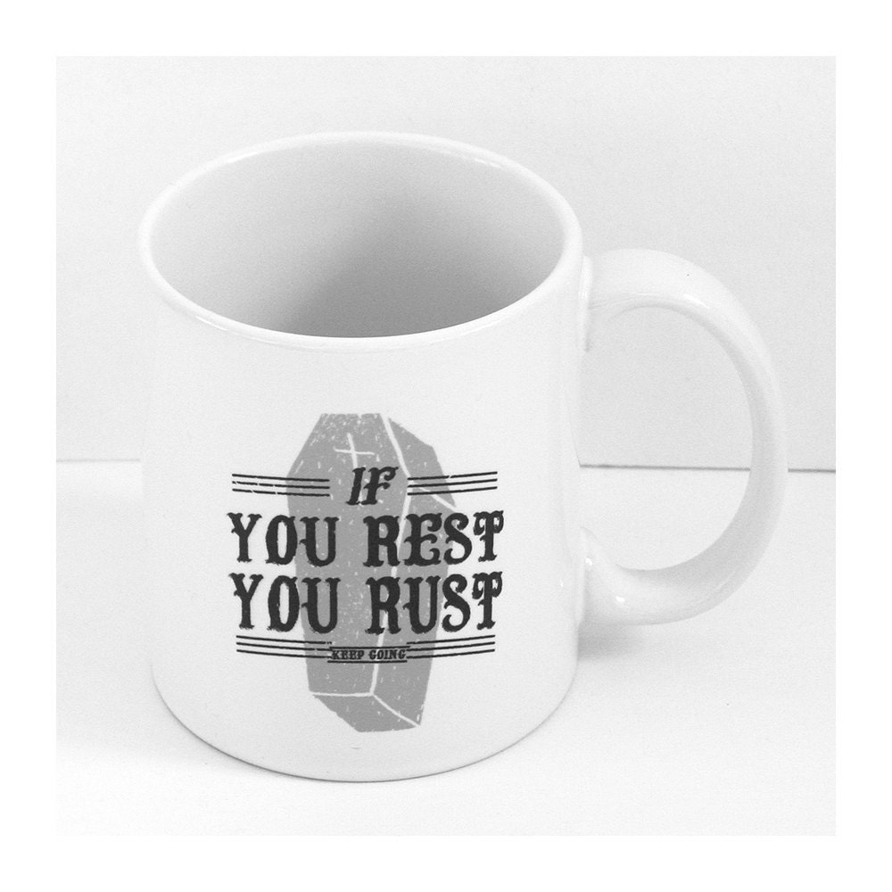 REST, RUST mug. 11oz. ceramic. hand-printed.