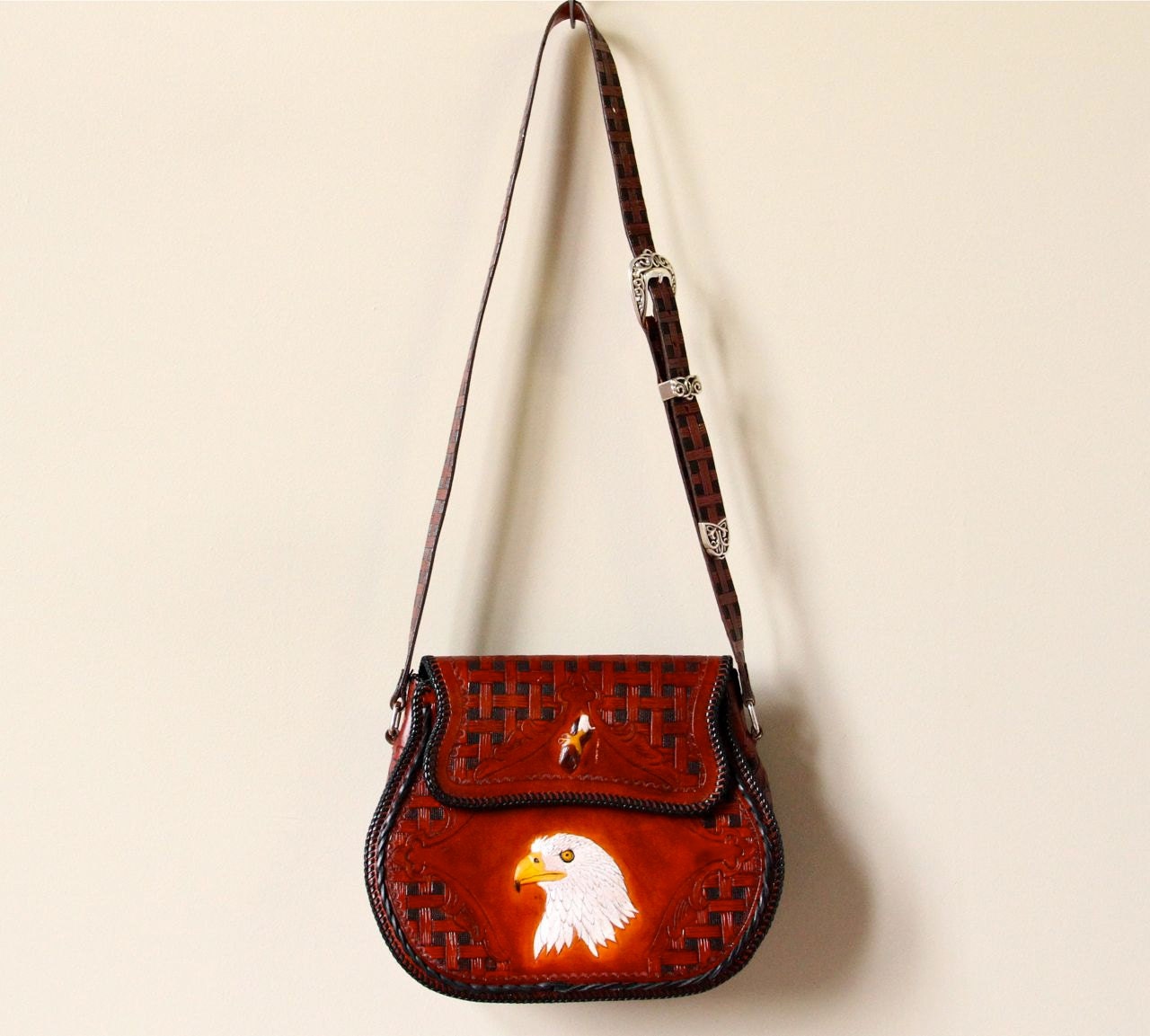 Tooled Leather Saddle Bag purse, American eagle boho western hippie folk art hand carved painted,  rock & roll cowboy handbag
