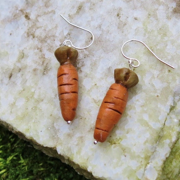 Hand Sculpted Carrot Earrings / Sterling Silver and Pottery Ceramic
