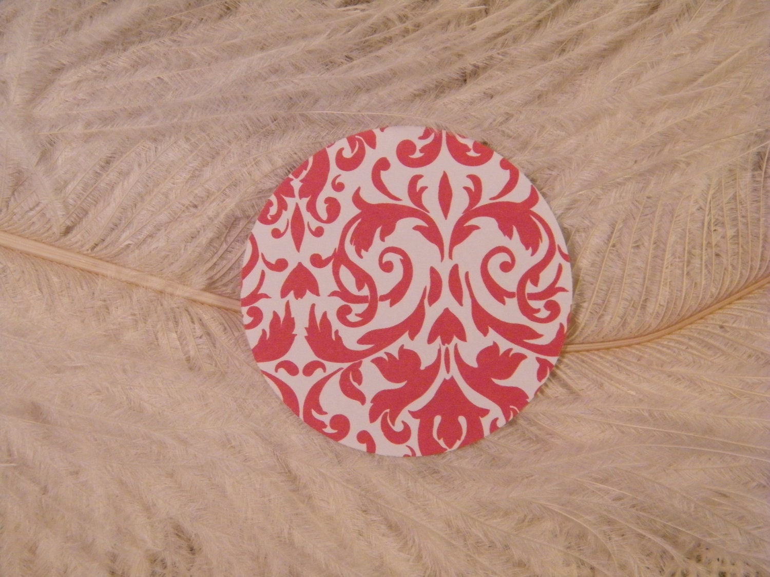 Lot of 50 Red and White Damask - DIY Gift tags - 2 inch paper circles- DIY Cupcake Toppers and Food Picks-DIY Wedding-Scrapbooking