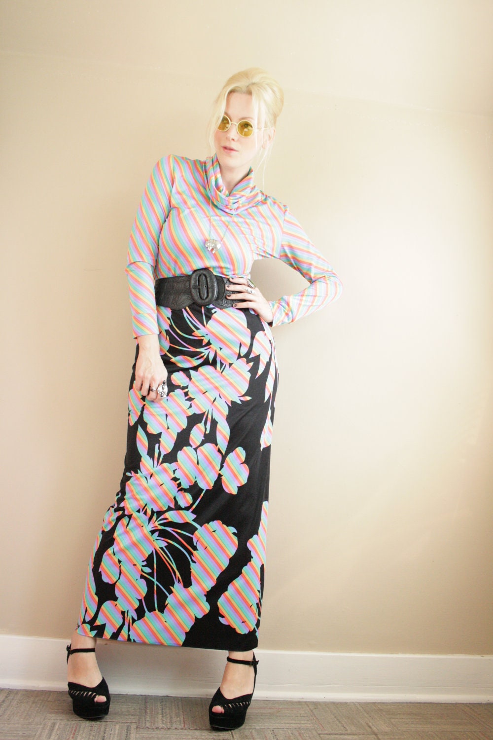 70s Rainbow Stripe Black Floral Top & Maxi Skirt Dress Set
