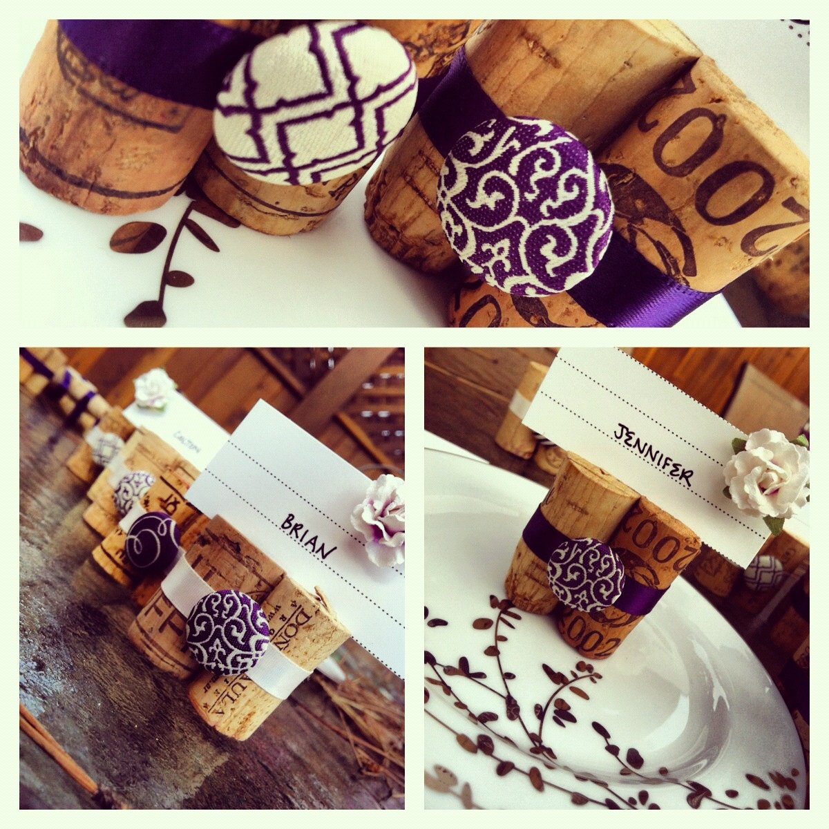 Plum Vintage Buttons Table Setting Wine Cork Place Card Holders, Set of 10, Vintage Wedding Bridal Shower