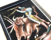 Black Velvet Painting Bullfight Bull and Matador Framed Wall Art Made in Mexico Bullfighter Bull Fight Spain Macabre Oddity Kitsch