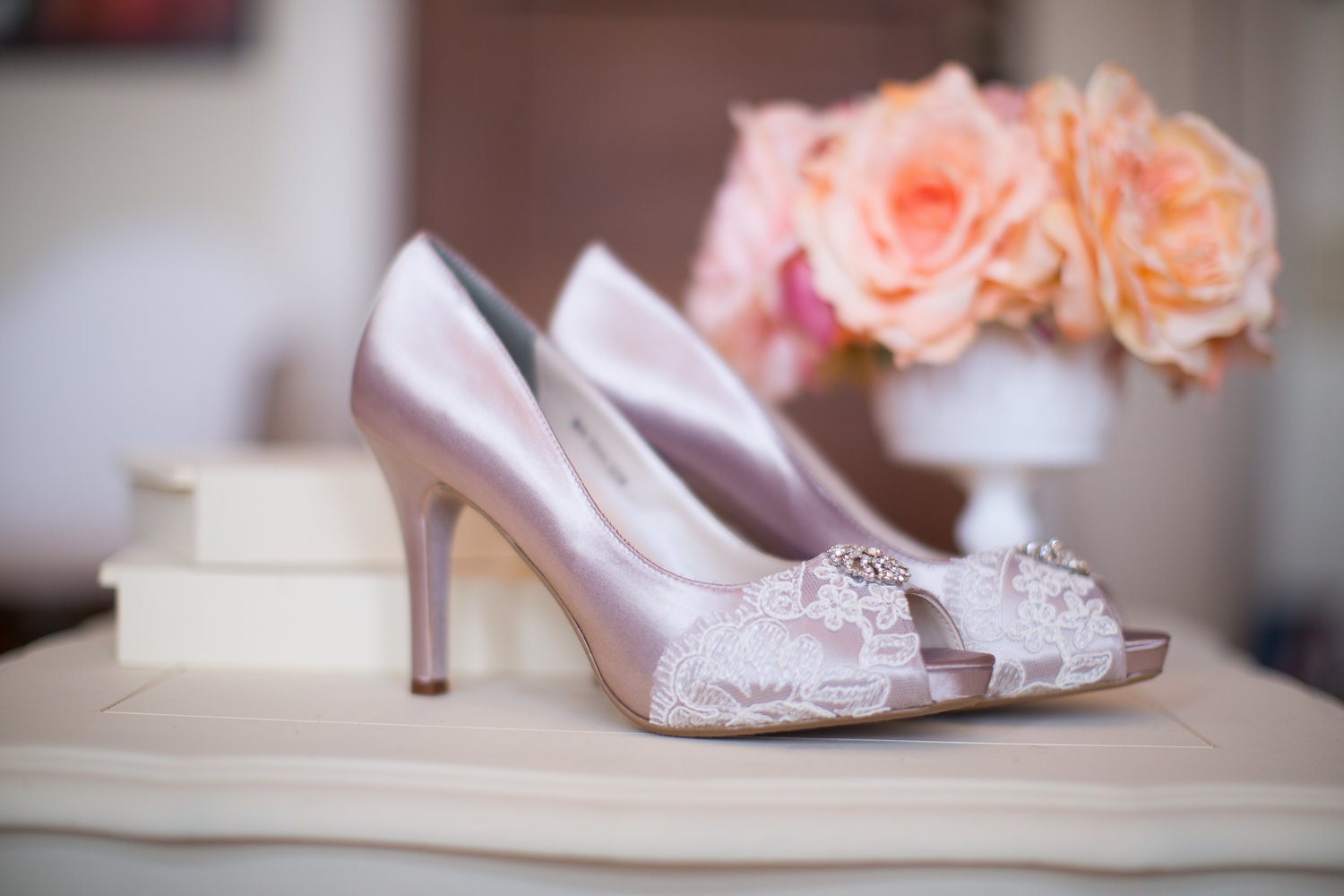 Satin and lace wedding shoes French lace platform heel with crystal brooch embellishment
