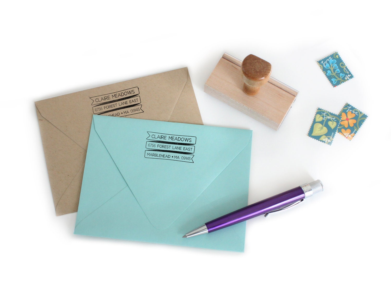 Custom return address stamp 3-TIER BANNER DESIGN with wood handle