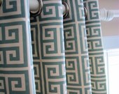 Pair of Decorative Designer Custom Grommet Curtains Drapes 50 x 84 Spa Blue and Natural Greek Key Contemporary Modern Style
