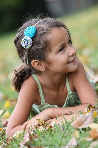 Rolled Fabric Flower Headband DOUBLE - Turquoise and Bright Multi-Colored - on Skinny Elastic - Newborn Infant Toddler Girl Adult