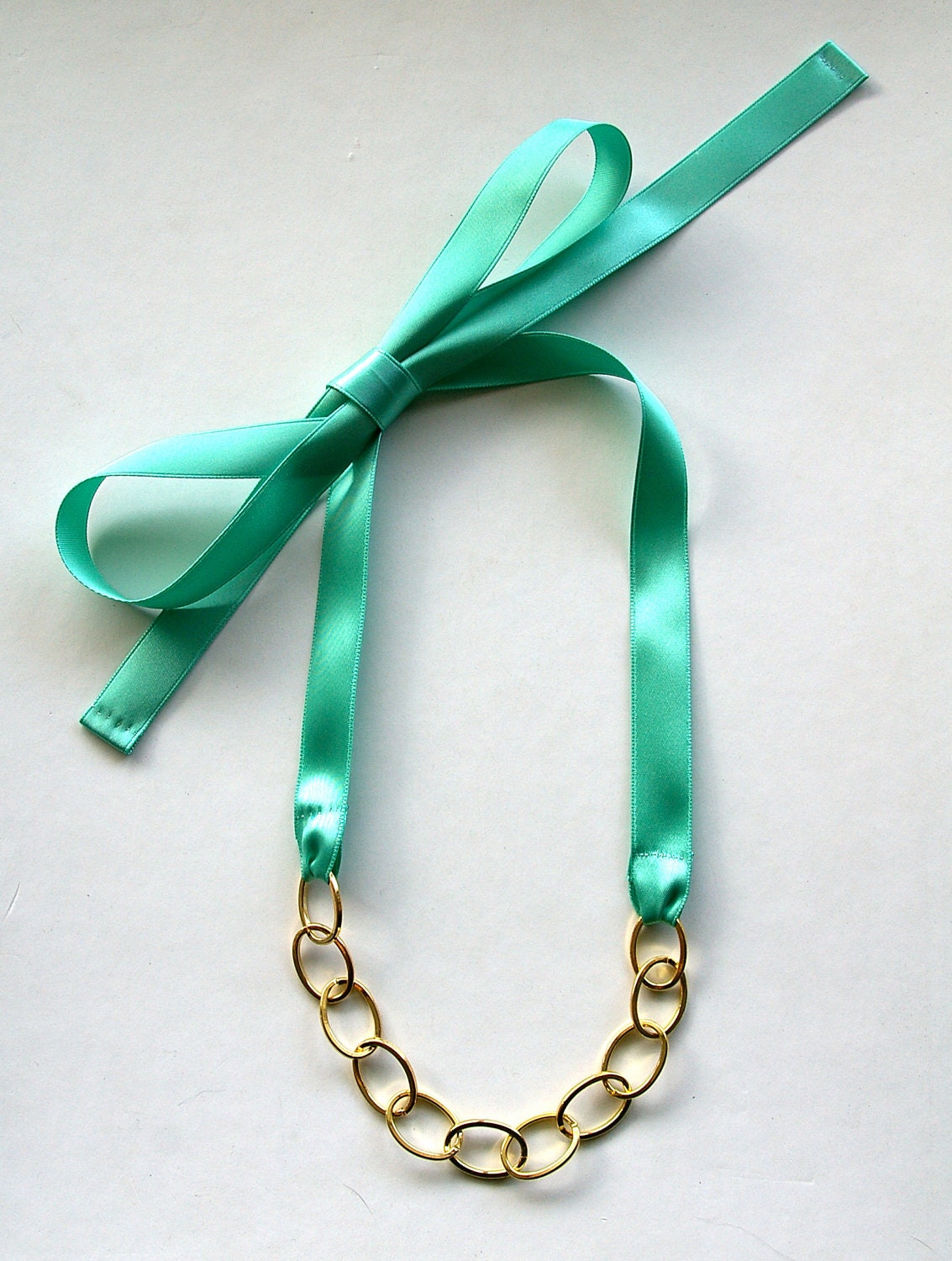Mint Green Ribbon & Gold Chain Necklace