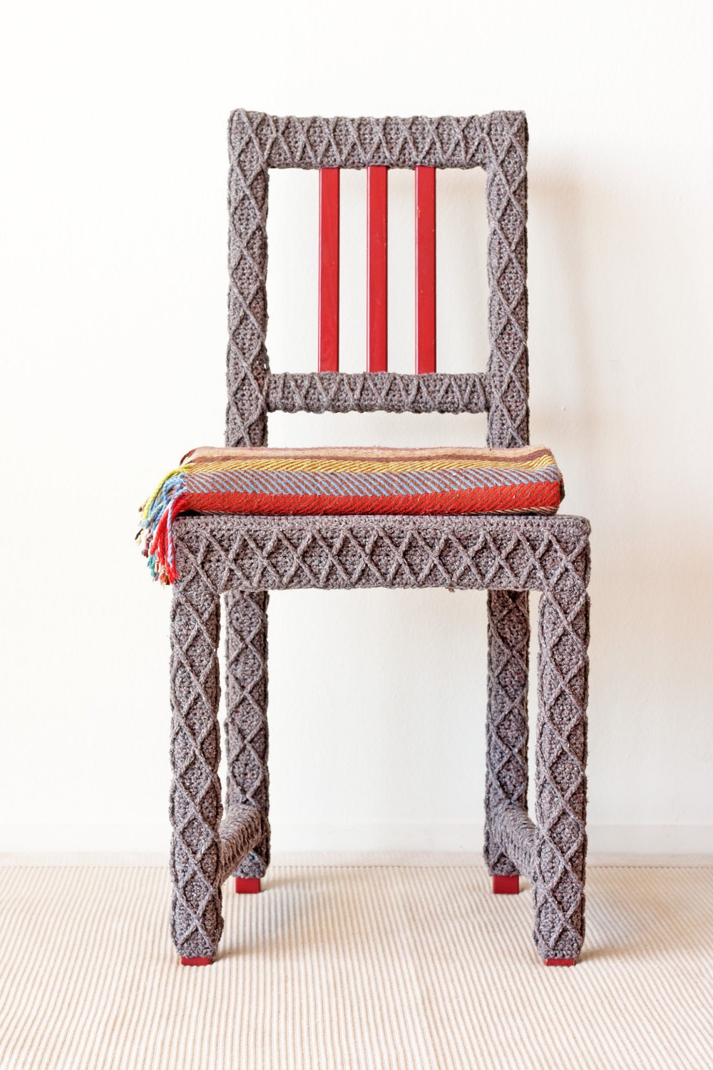 Grey Brown Accent Chair, Home Office Chair, Upcycled Furniture, Crochet Home Decor, Eco-Friendly Fiber Art by Knits for Life