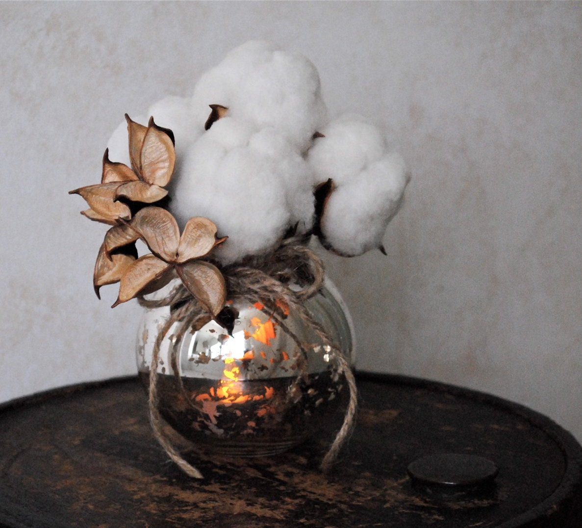 Cotton Boll Bouquet and Mercury Glass Vase - Home Decor - Christmas Decoration - Wedding Decoration - Anniversary Gift - Centerpiece
