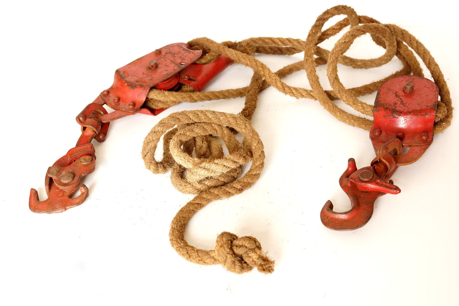 Vintage / Antique Cast Iron Pulley Hoist Ratchet with Original Rope - Industrial Decor, Rustic Farmhouse, Collectible