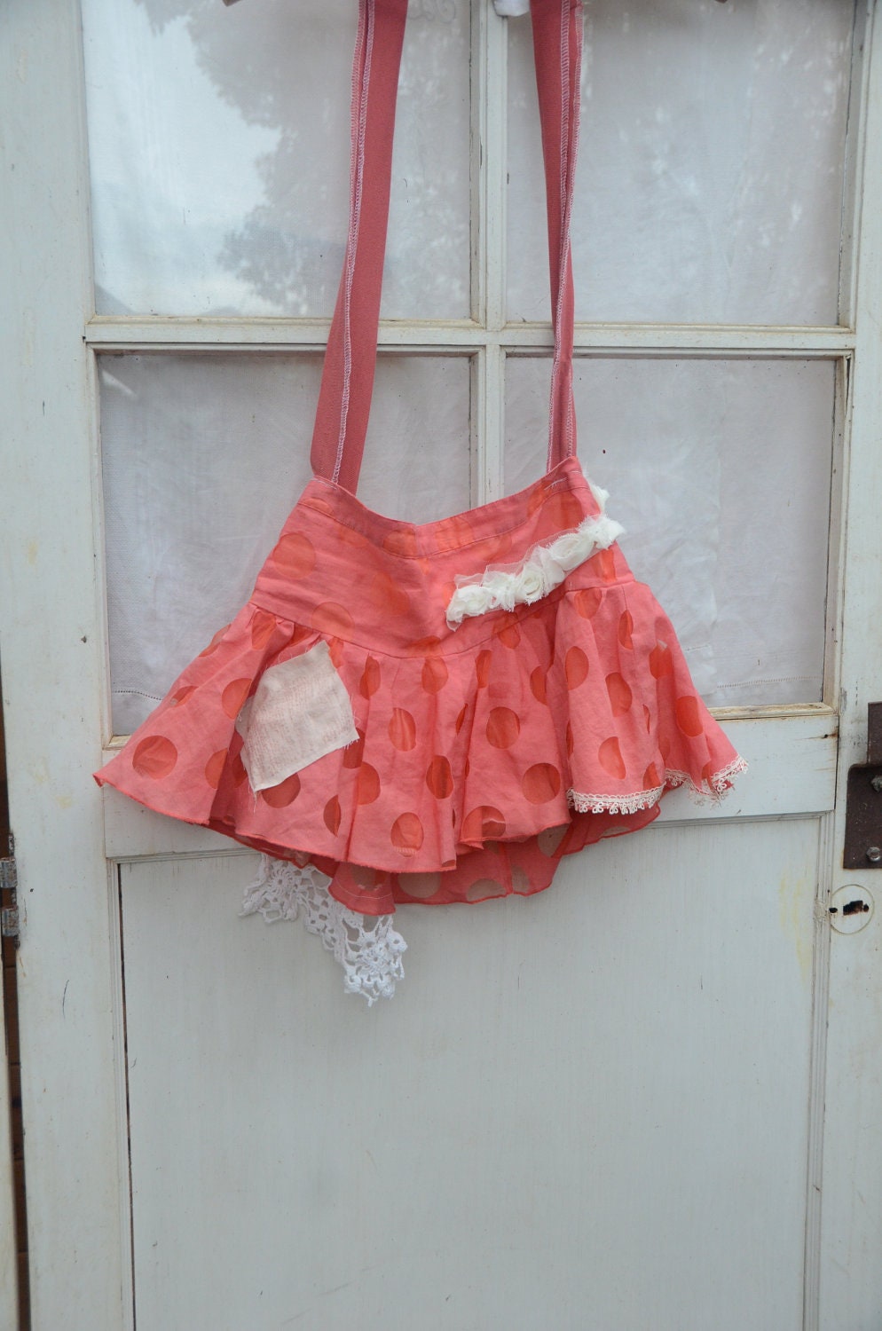 orange peach pink apricot spring summer polka dot flouncey ooak bag purse ipad bag gym bag lovely Shabby vintage lace shabby chic upcycled