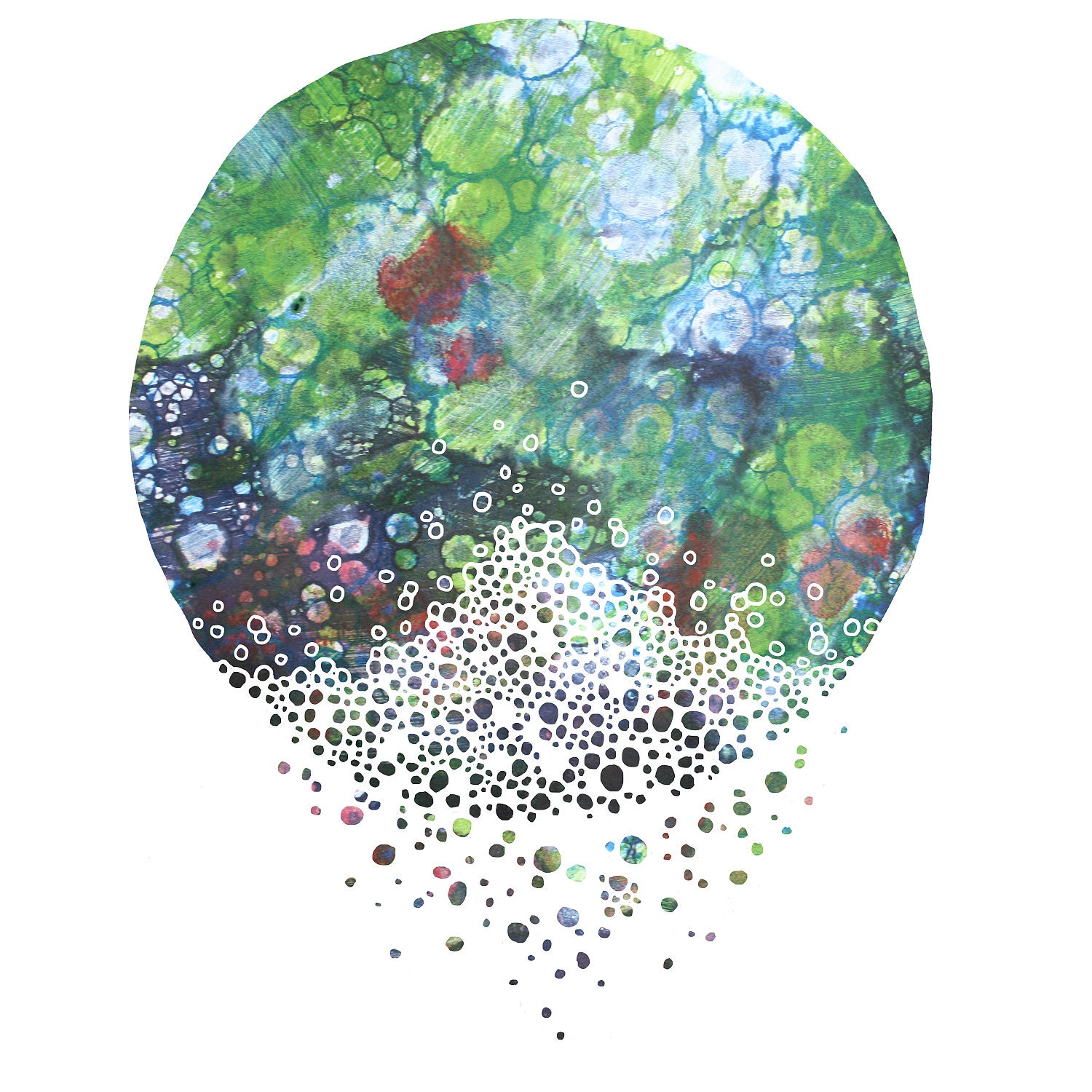 STILLNESS abstract art print in green navy blue red digital monotype