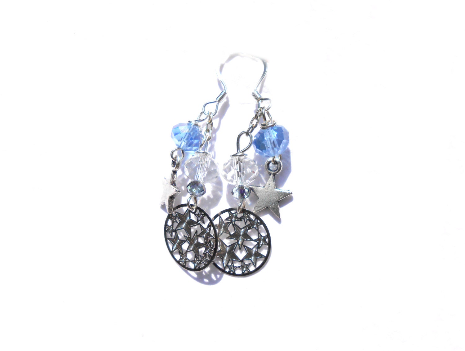 Galaxy Star Earrings - Stars, Blue Crystal Rondelle Beads - Chain, Dangle Earrings