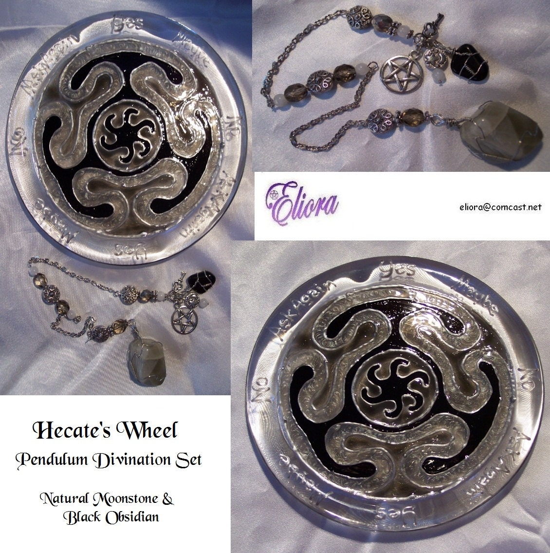 Hecate's Wheel, Moonstone / Obsidian Pendulum Divination Set  -MTO -  S&H Included