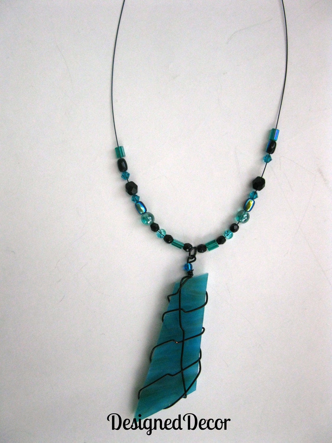 Stained Glass Blue Green Pendant Necklace