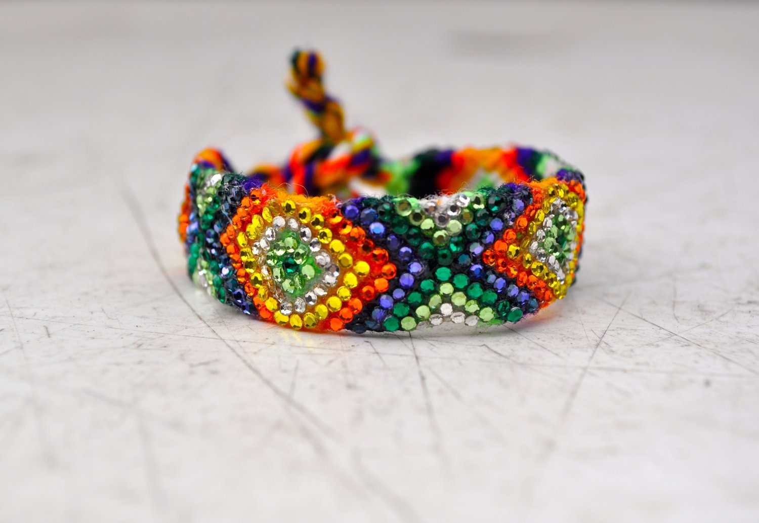 Crystal Friendship Bracelet- orange, yellow, silver, lime green, emerald, purple