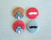 Chuppy & Mustache Mini Buttons - Red and Teal Pin Buttons - Set of 4