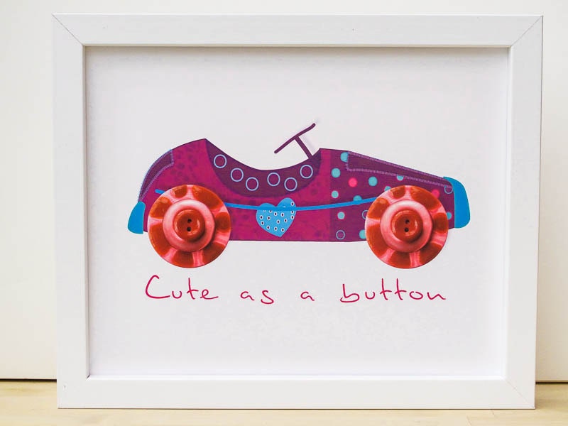 Kids' Wall Art Print, 8x10 "Car with Buttons Art Print", Red, purple, blue Children's Art & Decor, Buttons - Mixed media by Lespetitsbuttons