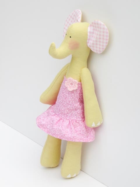 Stuffed animal toy- elephant baby girl in yellow pink dress- handmade cloth doll,fabric toy,plush toy,softie doll- bithday gift for girl