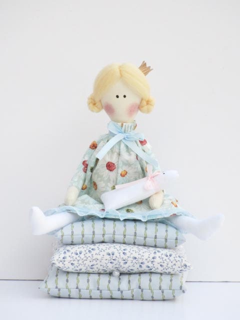 Handmade cloth doll, fairy tale doll Princess and the Pea blue dress,blonde with kitty, fabric doll stuffed doll - gift for girl - HappyDollsByLesya