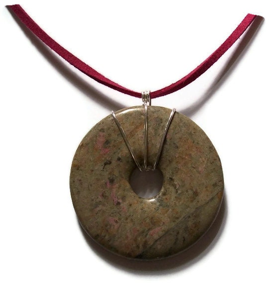 Jasper Donut Necklace, Wire Wrapped, Raspberry Velvet