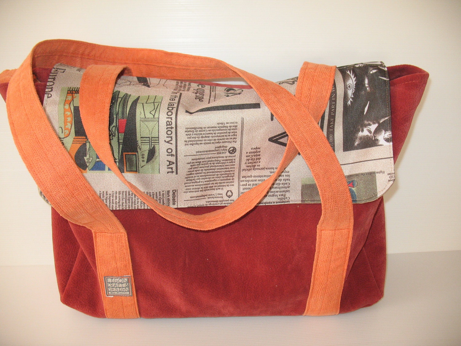 brick red handbag,  shoulder bag, work bag,  teachers bag,  student bag, messenger bag -  laptop bag, notebook bag, newspaper print