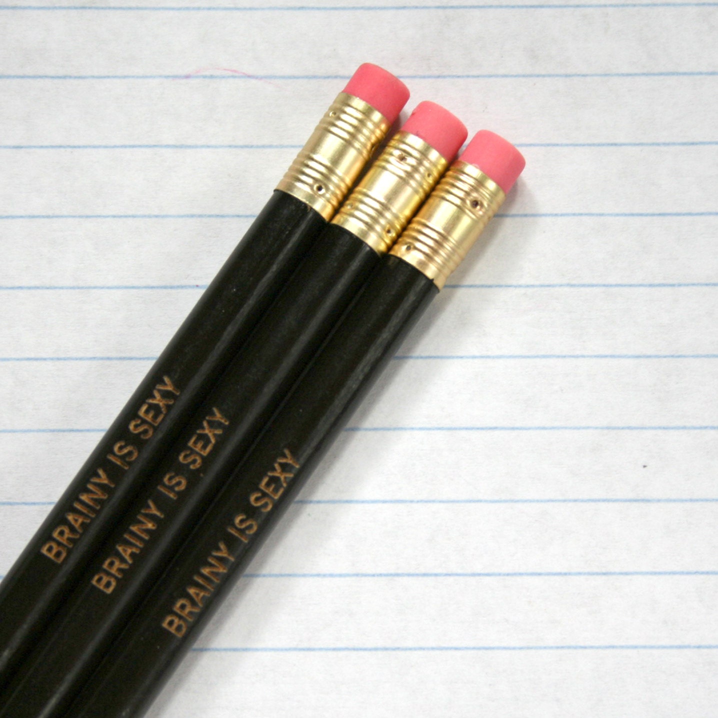brainy is sexy 3 three black engraved pencils.
