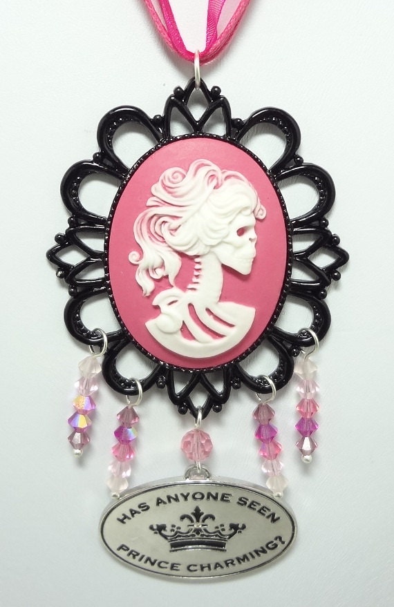 Gothic Lolita Necklace with Czech Crystals, Has Anybody Seen Prince Charming - On A Quadruple Hot Pink Ribbon