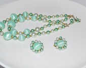 Vintage Two Strand Necklace stamped Japan with Matching Clip On Earrings Jade Green Two Strand Necklace