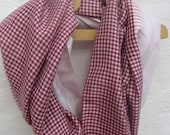 Sari Silk  infinity scarf  Perfect Gift, FREE SHIPPING  maroon gingham and pale pink