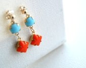 VINTAGE / Glass Stone Dangle Earings / Aqua Blue & Neon Orange / Spring / Summer jewellery