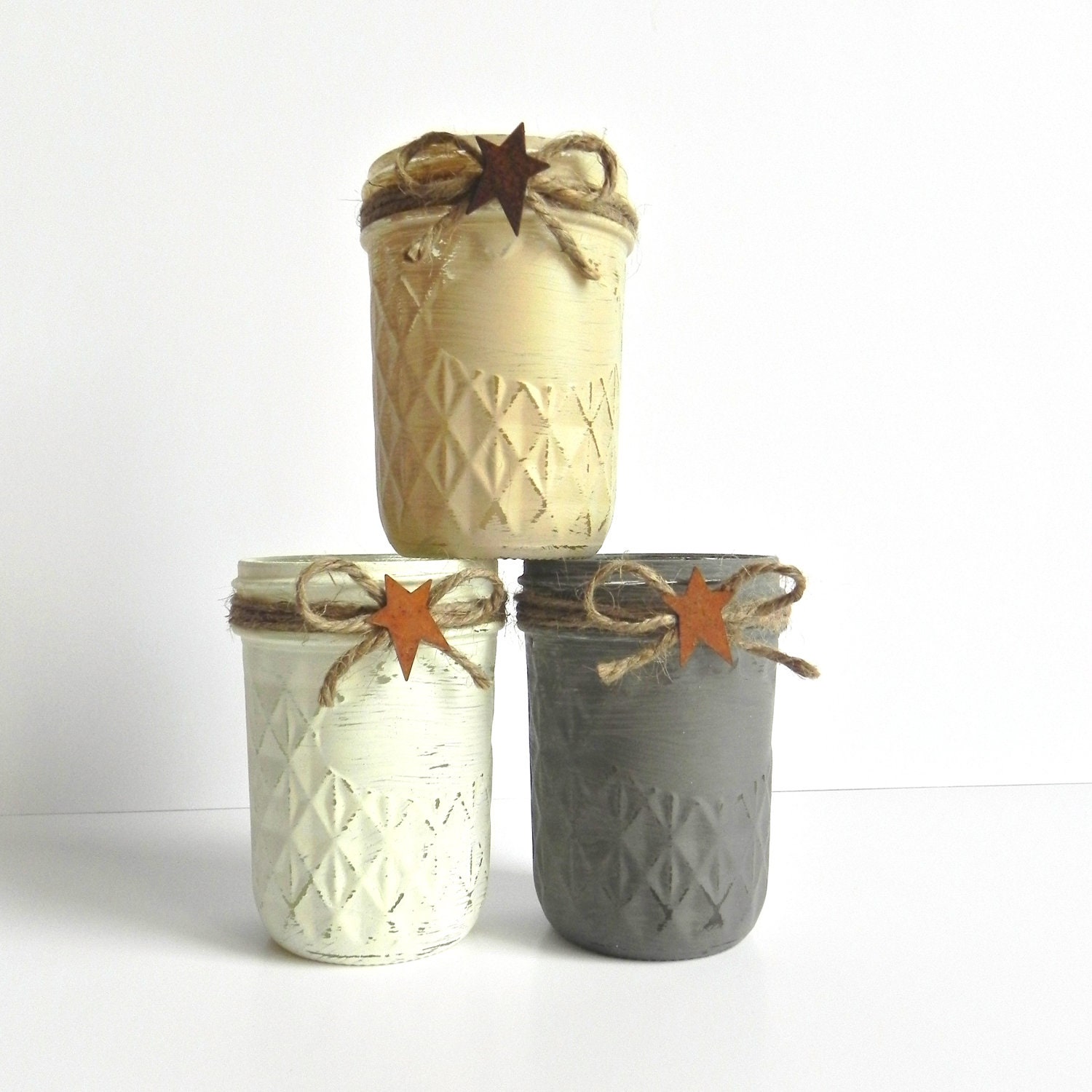 Shabby Chic Grey, Beige, and Cream Mason Jar Set for Vases/Candle Holders