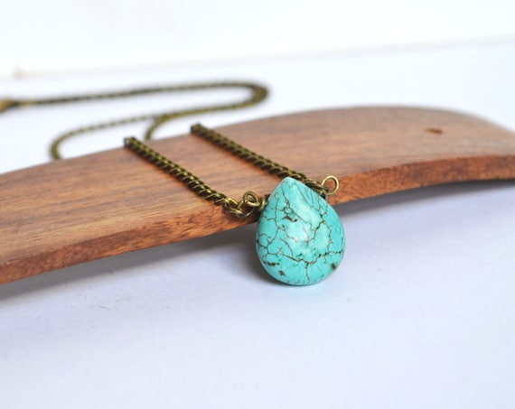 Single Turquoise Drop Stone Necklace, Detailed Vein Turquoise Small Stone Necklace, Blue Stone Jewelry, Single Strand Turquoise Necklace