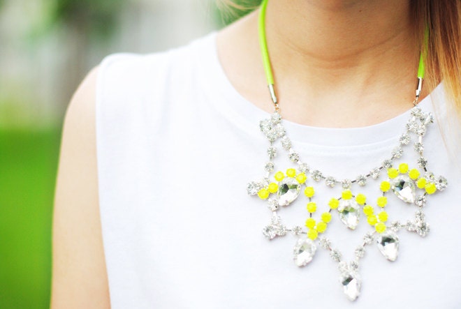 Stunning Princess Crystal Yellow Tear Drop Bib with Neon Cord Necklace