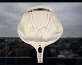 Big White Bag with Wooden Handles, Minimalist Folk Embroidery White Ribbon Front Pocket Handbag