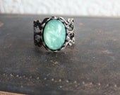 Mint Green Ring Lord of the Rings Great Gatsby Jewelry Inspired Antique Brass Vintage Filigree Cloudy Cameo Cabochon - Linskevia