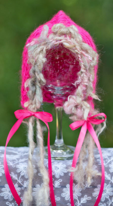 Knit Baby Hat in Pink with Beautiful Raw Trim and Ribbon size Newborn