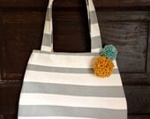 Gray Striped Pom Pom Tote