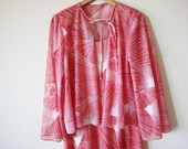 Vintage 1970s Kimono Cherry Red Long Maxi Dress with Capelet White Firework Oriental Pattern