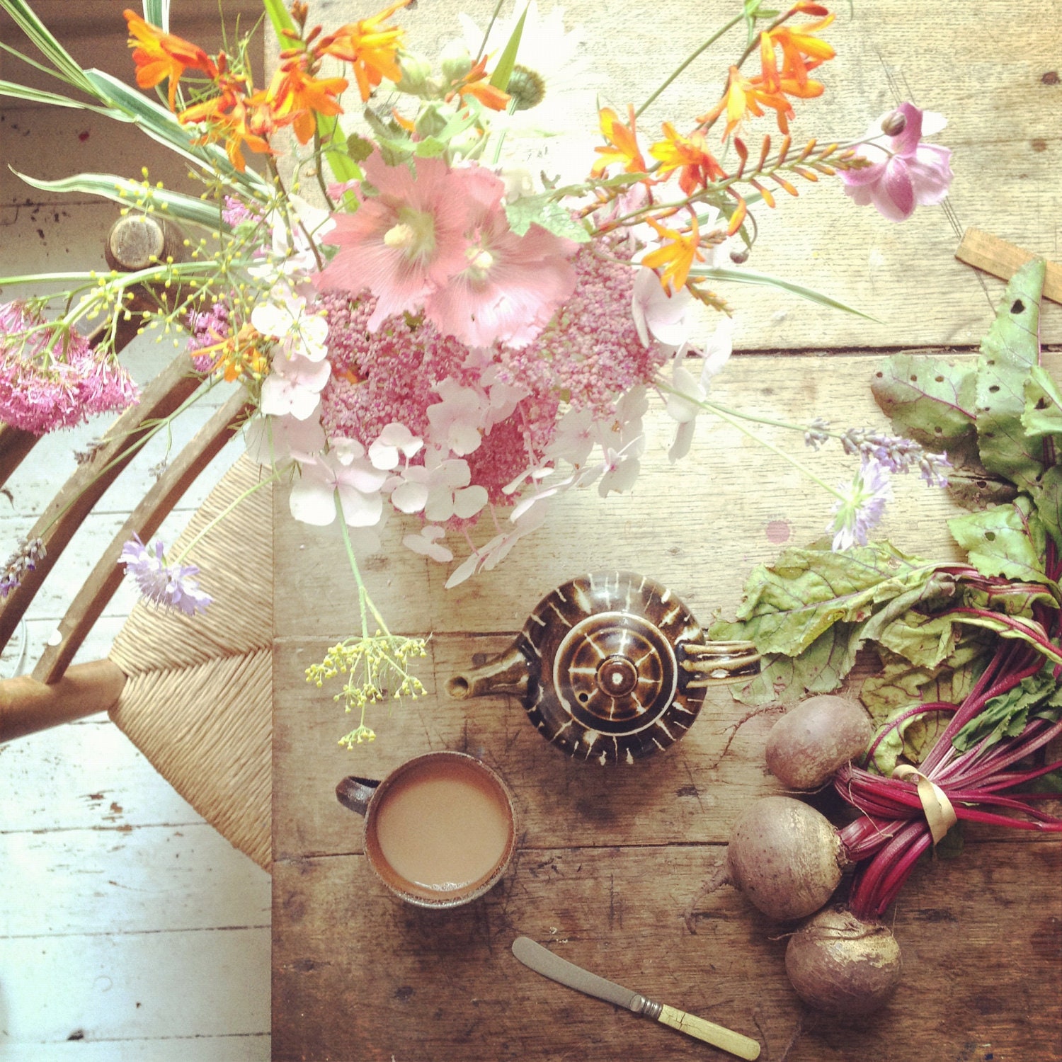 Limited Edition Signed Print of The Table. 'August', featuring Pink Hollyhocks, Hydrangeas and Home Grown Beetroot.