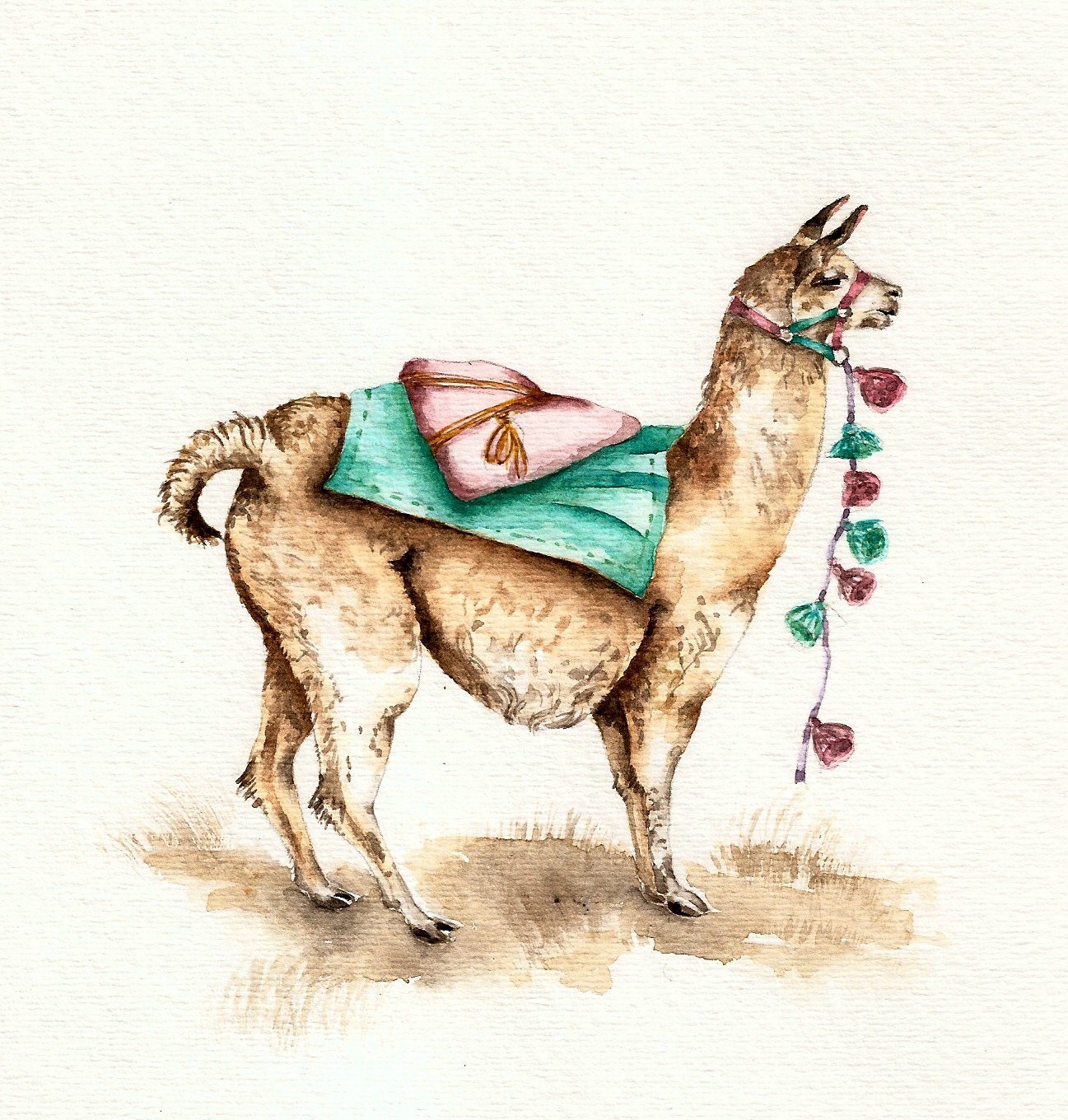 Llama - Art Print of watercolor painting 8x10 - travel nature art colourful blanket decorated Chile alpaca nursery, baby shower, cottage